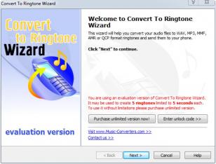 Convert To Ringtone Wizard main screen